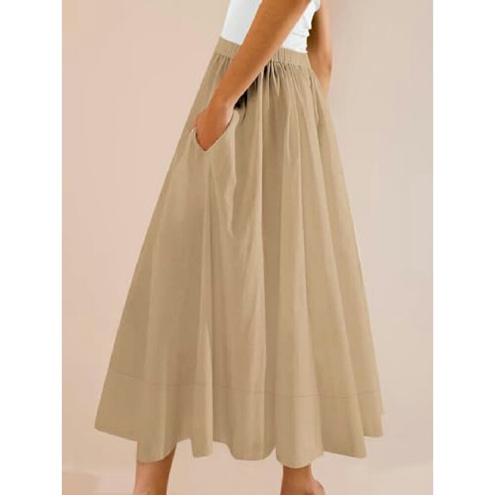 Women's A-Line Midi Skirt with Pocket, Elastic Waist, Flowy Polyester Blend - Picture 4 of 8